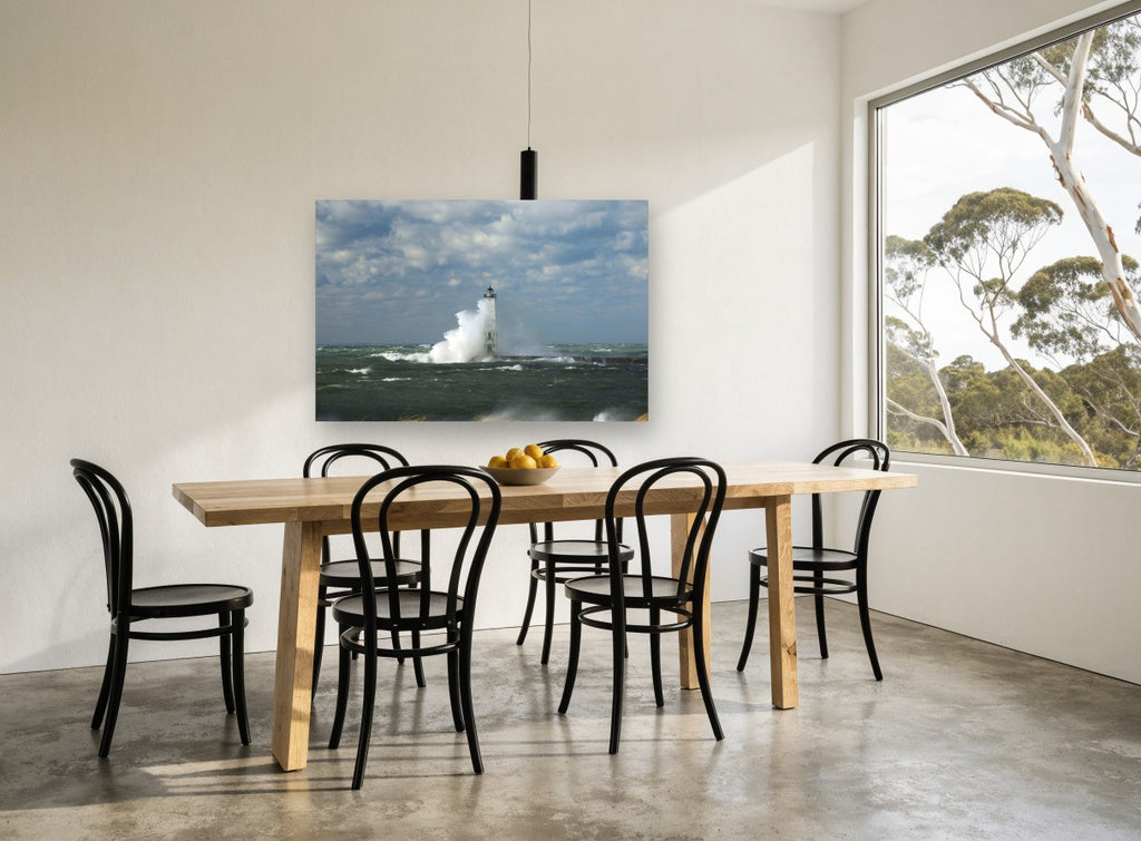 Storm Surge Lighthouse coastal canvas print on the wall of a dining room
