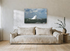 Storm Surge Lighthouse coastal canvas print on the wall of a living room