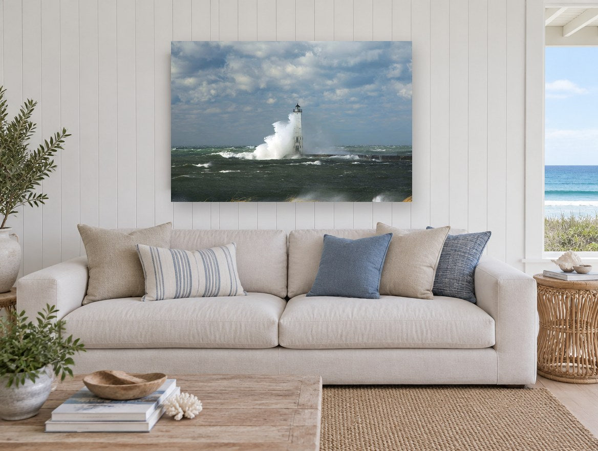 Storm Surge Lighthouse coastal canvas print on the wall of a beach house living room