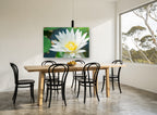 White Lotus Pond floral canvas print on the wall of a dining room