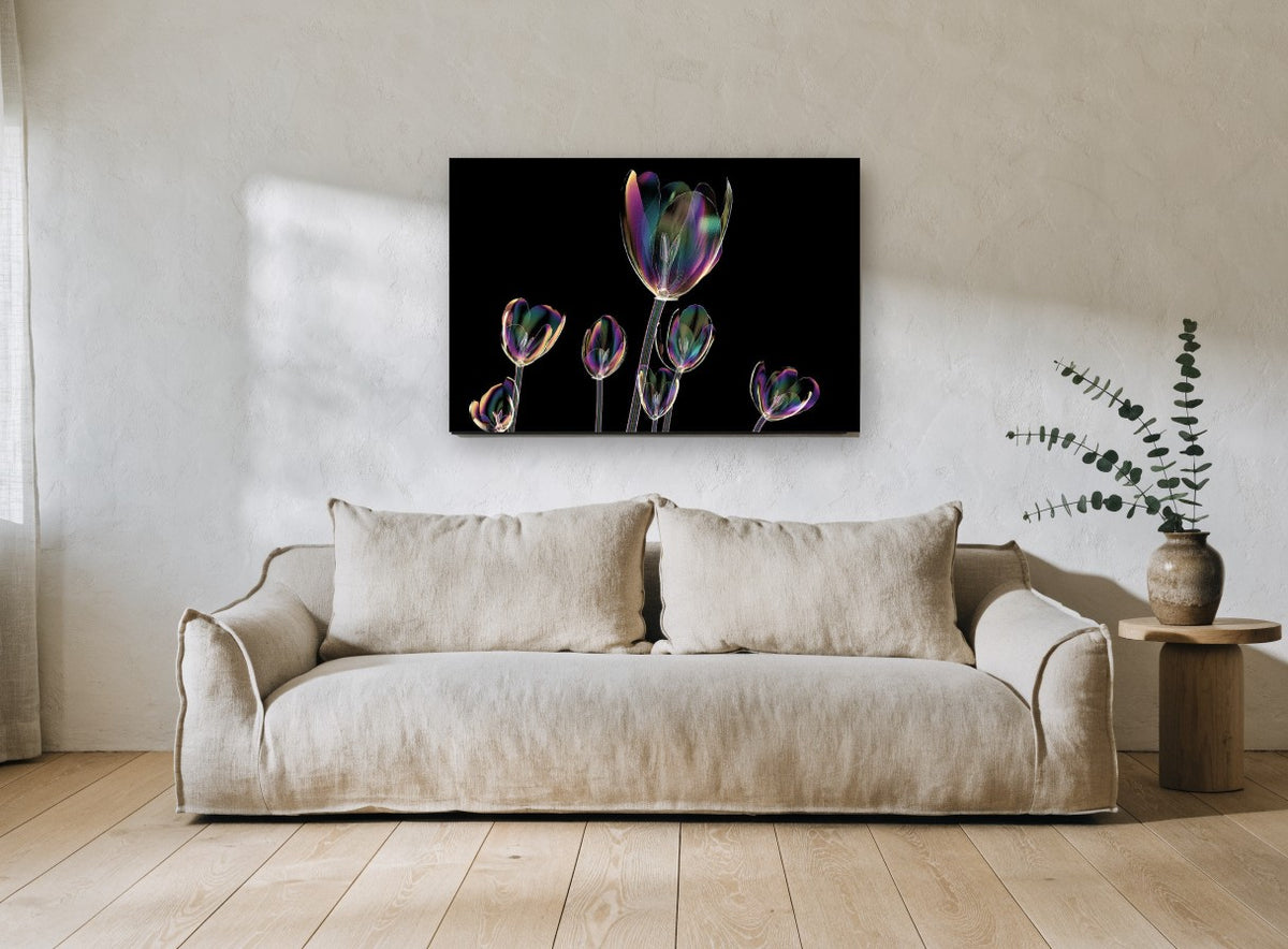 Iridescent Tulip Glow floral canvas print on the wall of a living room
