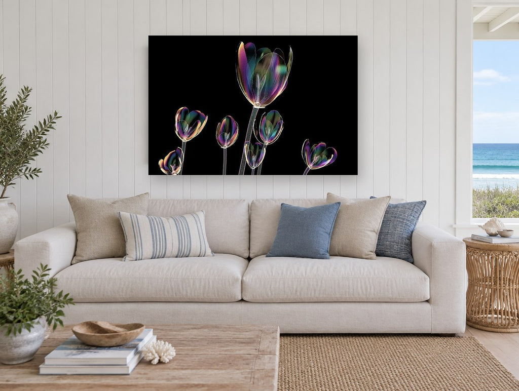Iridescent Tulip Glow floral canvas print on the wall of a beach house living room