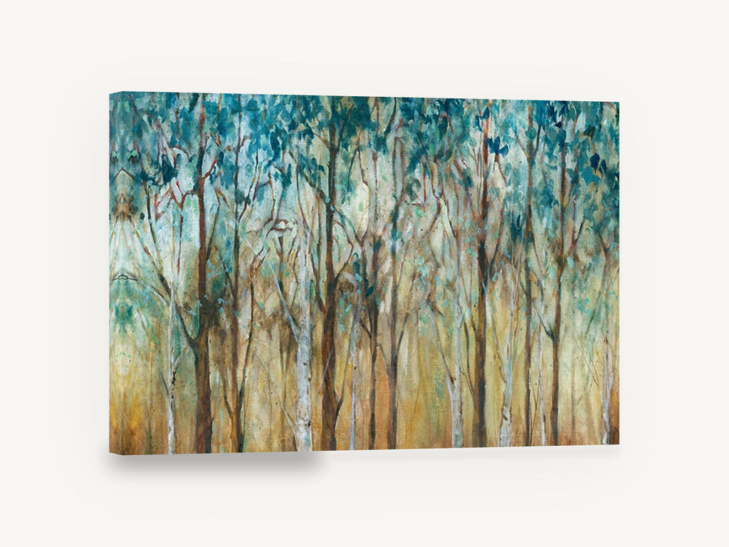 Teal Canopy Grove, teal canopy forest tree painting, landscape canvas wall art print ready to hang