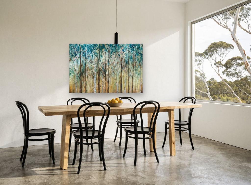 Teal Canopy Grove landscape canvas print on the wall of a dining room