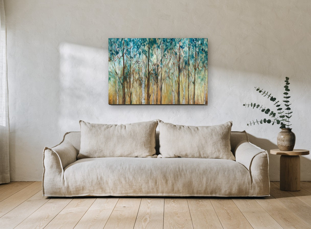 Teal Canopy Grove landscape canvas print on the wall of a living room
