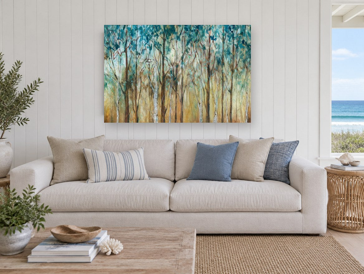 Teal Canopy Grove landscape canvas print on the wall of a beach house living room