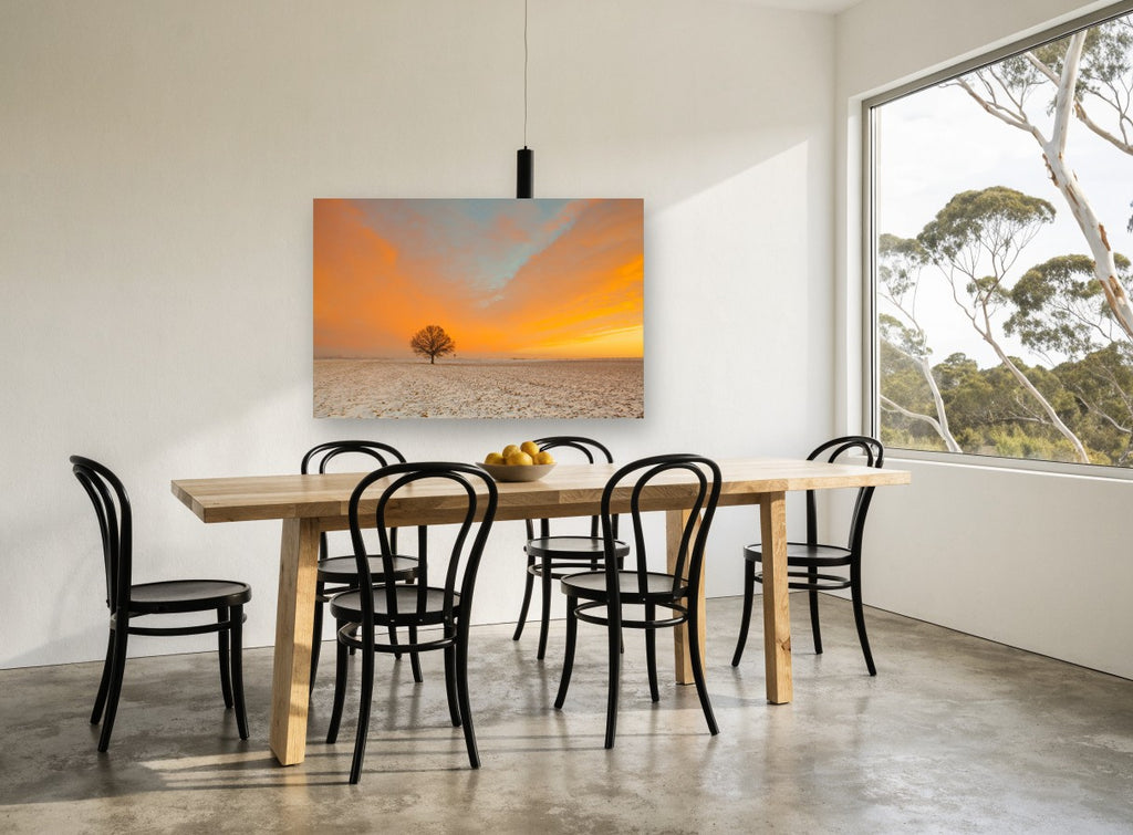 Lone Oak at Dawn landscape canvas print on the wall of a dining room