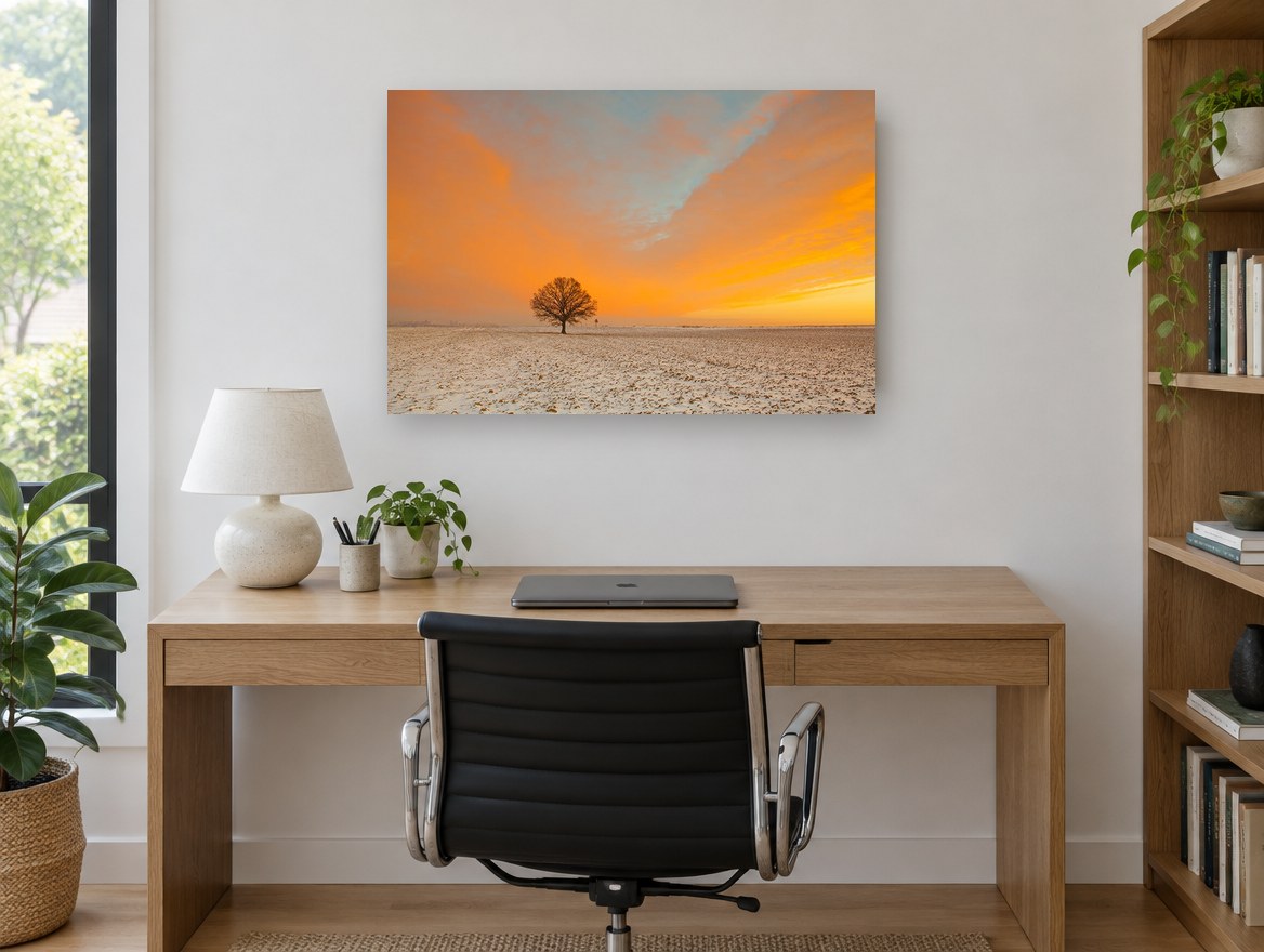 Lone Oak at Dawn landscape canvas print on the wall of a study