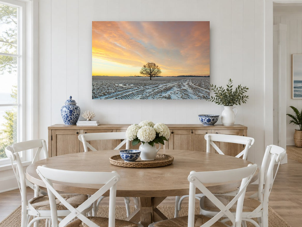 Frosted Field Oak landscape canvas print on the wall of a Hamptons dining room