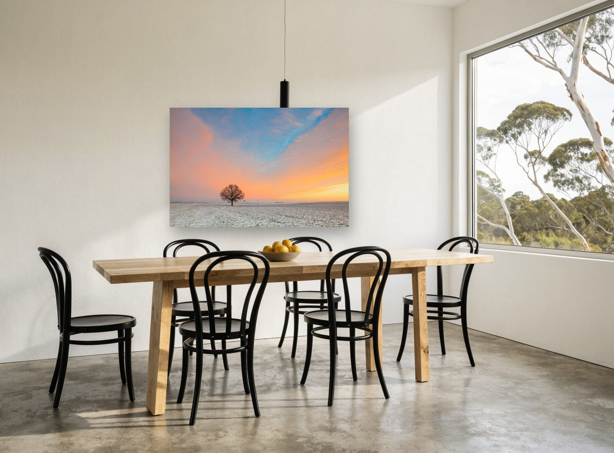 Lone Oak at Dawn landscape canvas print on the wall of a dining room
