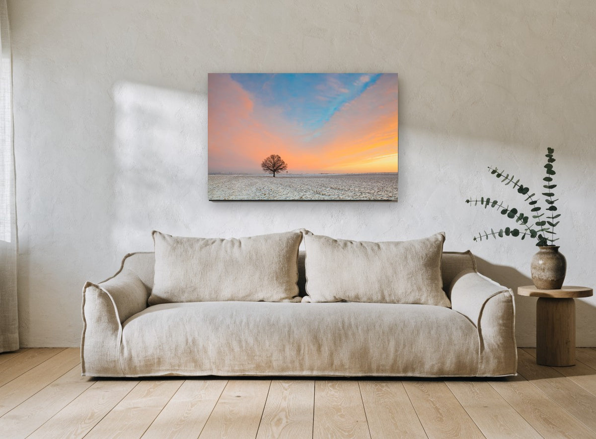 Lone Oak at Dawn landscape canvas print on the wall of a living room