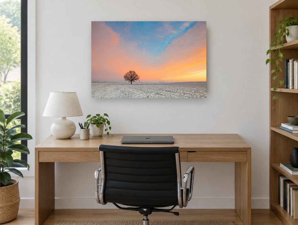 Lone Oak at Dawn landscape canvas print on the wall of a study