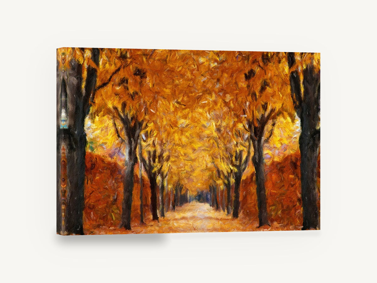 Amber Avenue, autumn tree avenue painterly artwork, landscape canvas wall art print ready to hang