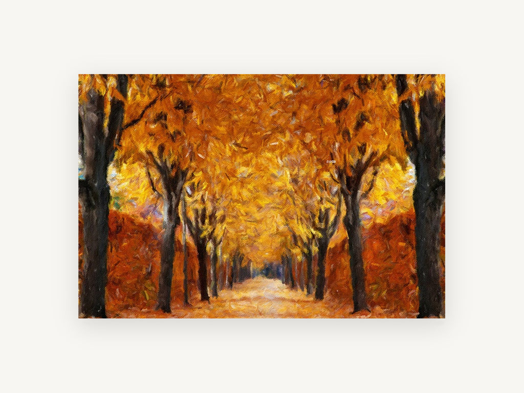 Amber Avenue, autumn tree avenue painterly artwork, landscape canvas wall art print, front view