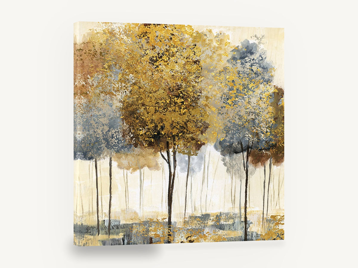 Gilded Grove, gold and grey trees abstract landscape, landscape canvas wall art print ready to hang
