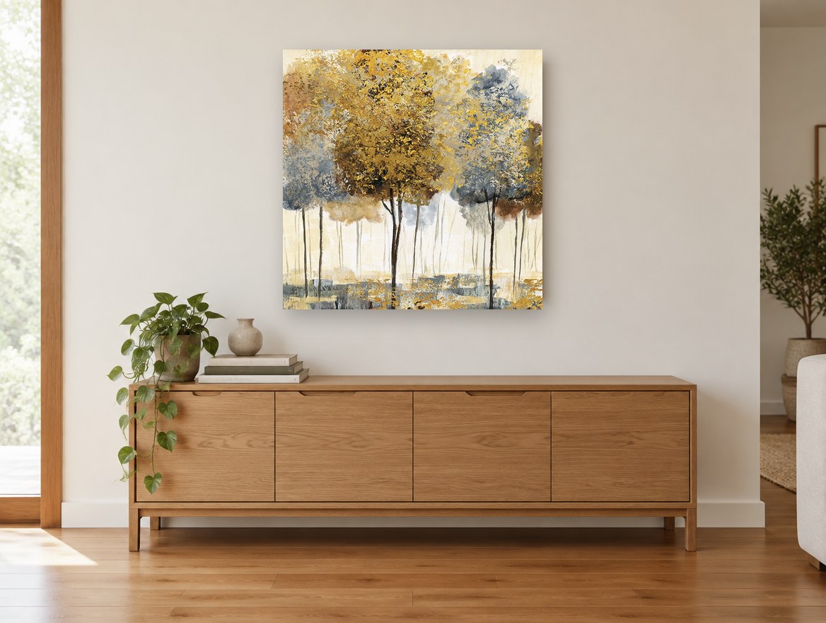 Gilded Grove landscape canvas print on the wall of a living room above a sideboard
