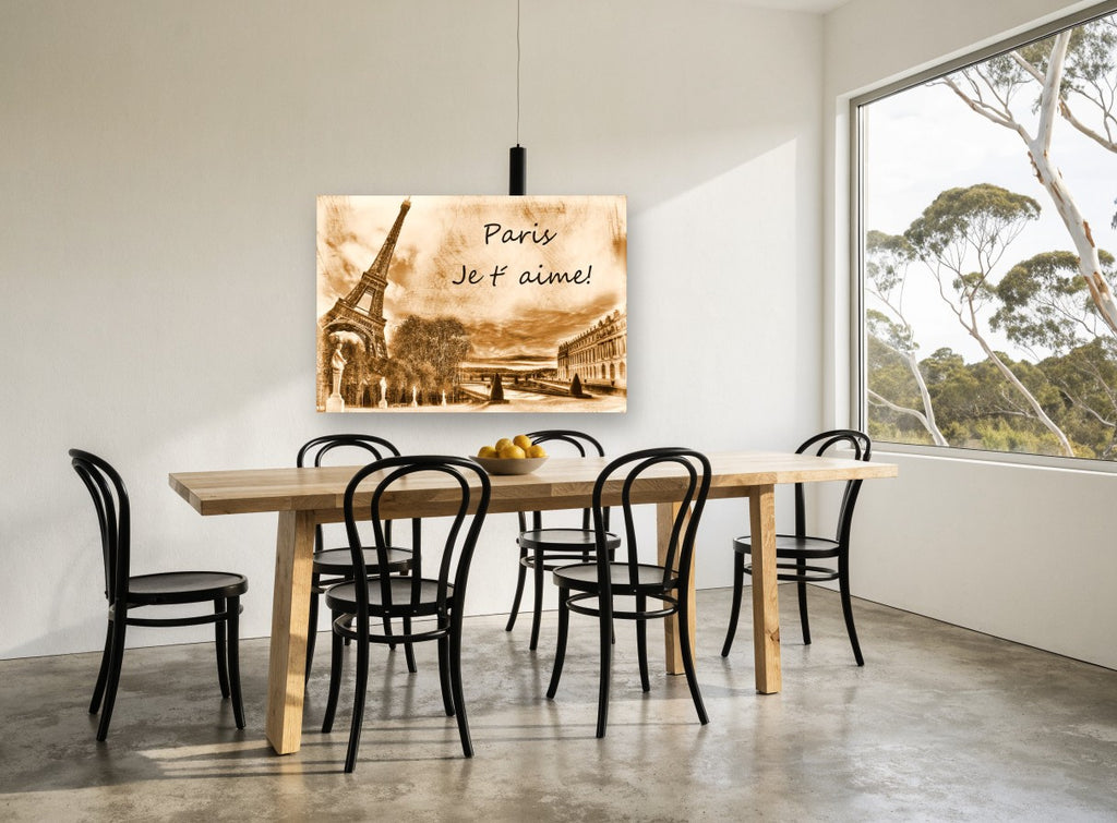 Paris Sepia Love Note city canvas print on the wall of a dining room