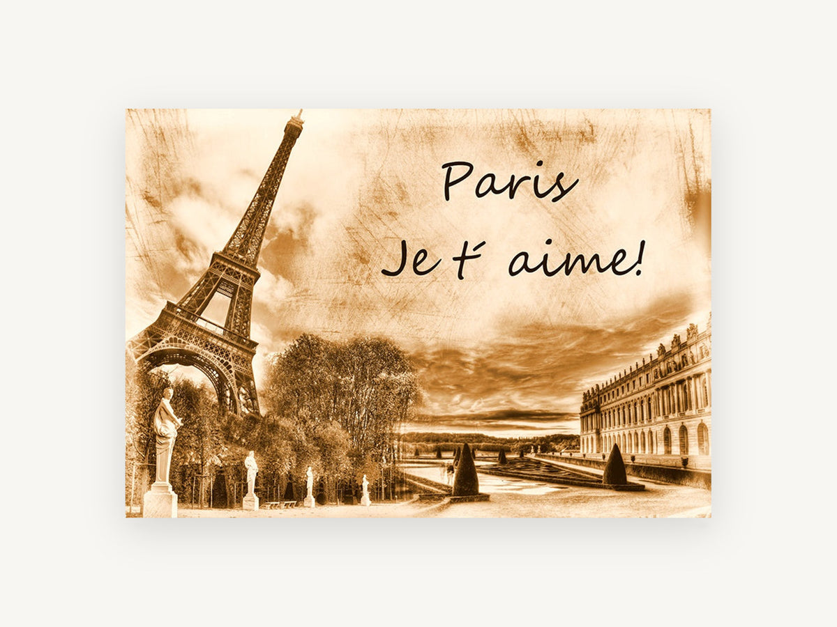 Paris Sepia Love Note, paris eiffel tower sepia collage, city canvas wall art print, front view