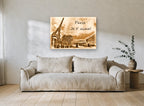 Paris Sepia Love Note city canvas print on the wall of a living room