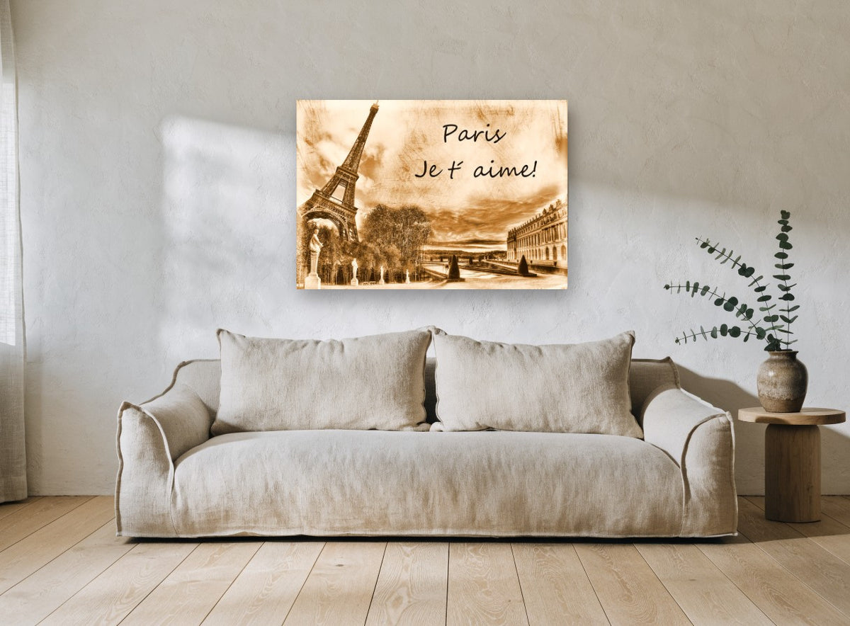 Paris Sepia Love Note city canvas print on the wall of a living room