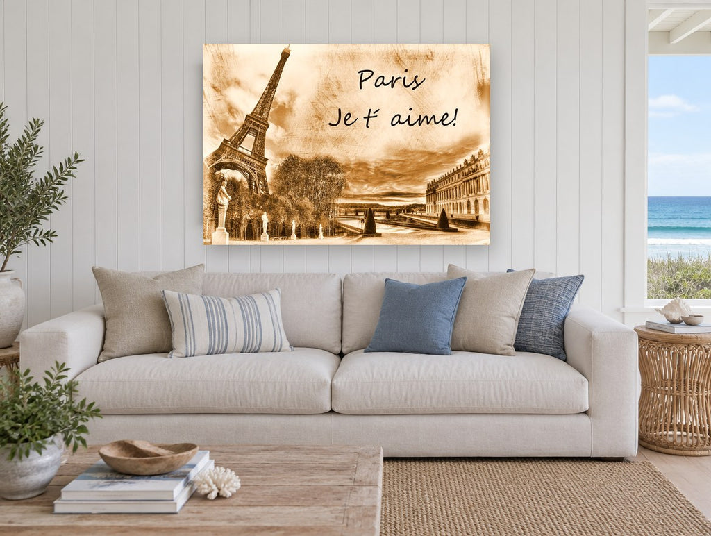 Paris Sepia Love Note city canvas print on the wall of a beach house living room
