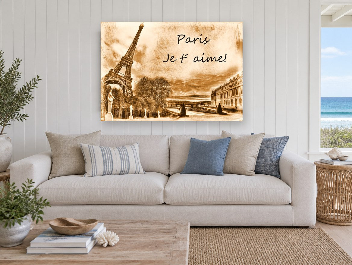 Paris Sepia Love Note city canvas print on the wall of a beach house living room