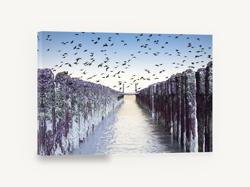 Birds Over Purple Groynes, birds over weathered pier photograph, coastal canvas wall art print ready to hang