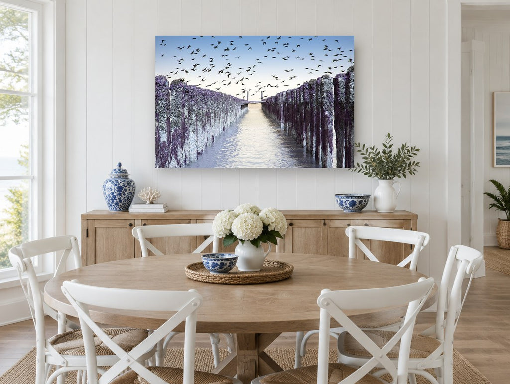 Birds Over Purple Groynes coastal canvas print on the wall of a Hamptons dining room