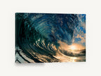 Inside The Curl, barrelling wave sunset photograph, coastal canvas wall art print ready to hang