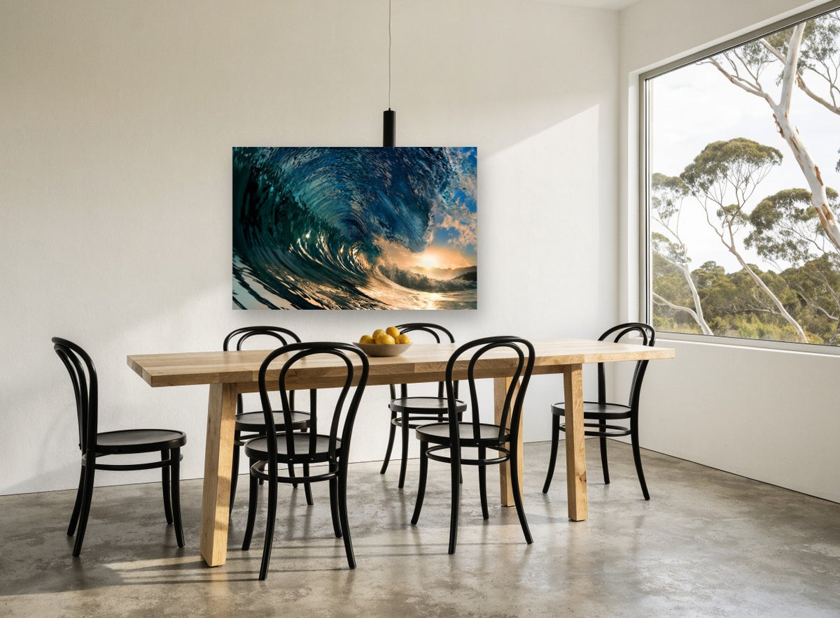 Inside The Curl coastal canvas print on the wall of a dining room
