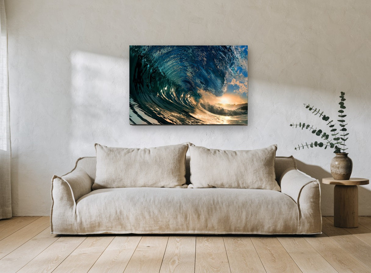 Inside The Curl coastal canvas print on the wall of a living room