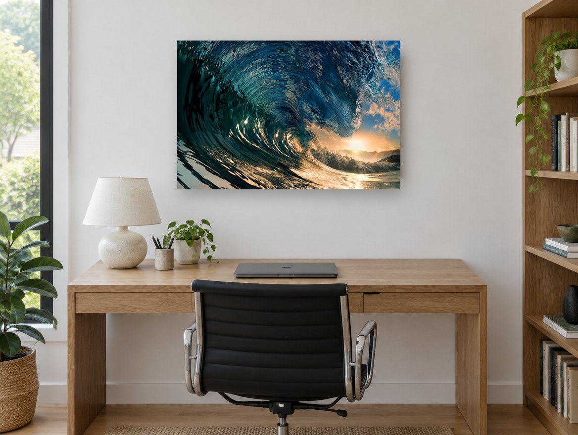Inside The Curl coastal canvas print on the wall of a study