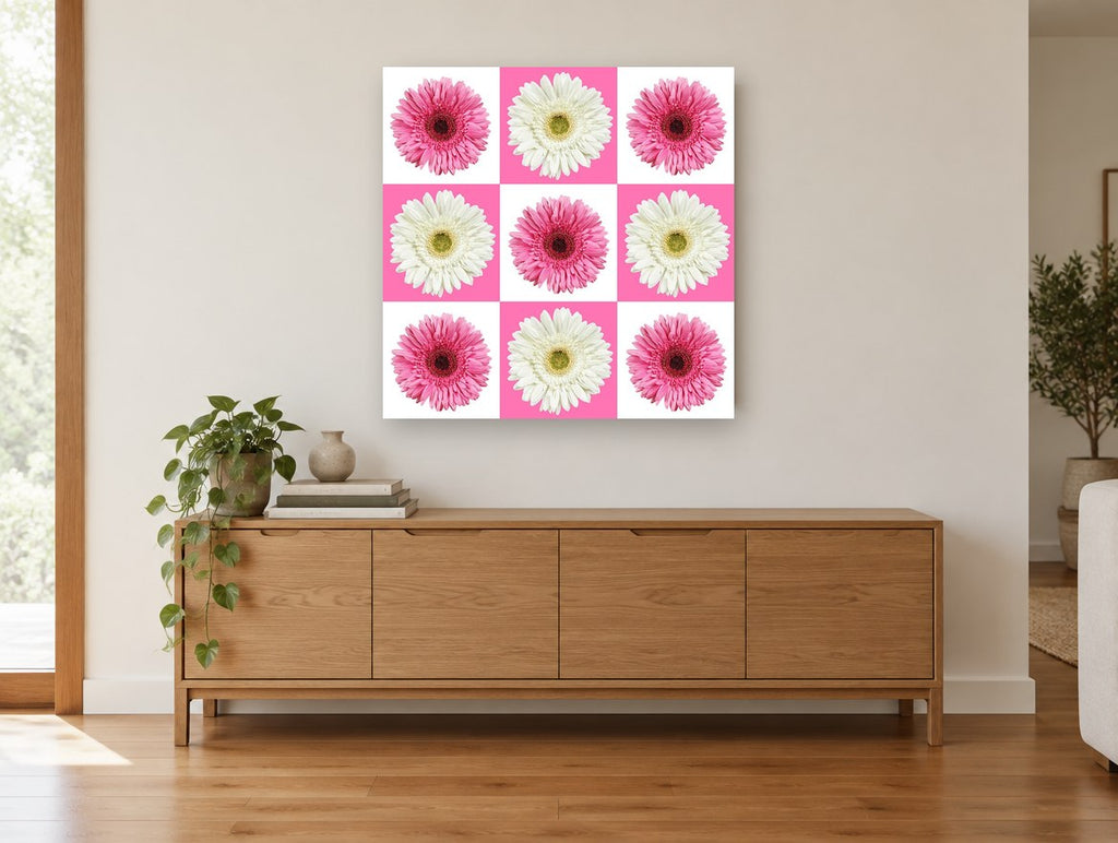 Gerbera Checkerboard floral canvas print on the wall of a living room above a sideboard