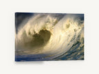 Golden Barrel Break, golden crashing ocean wave photograph, coastal canvas wall art print ready to hang