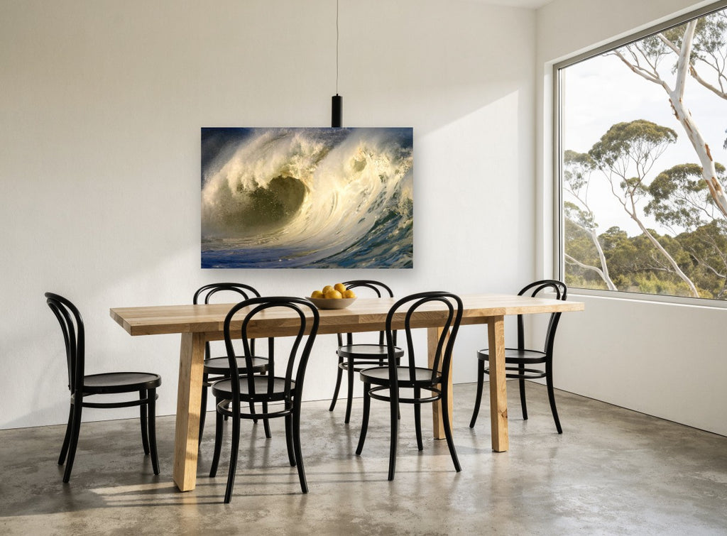 Golden Barrel Break coastal canvas print on the wall of a dining room