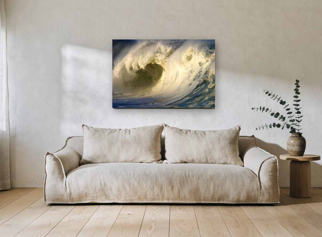 Golden Barrel Break coastal canvas print on the wall of a living room
