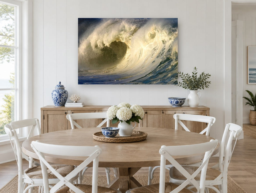 Golden Barrel Break coastal canvas print on the wall of a Hamptons dining room