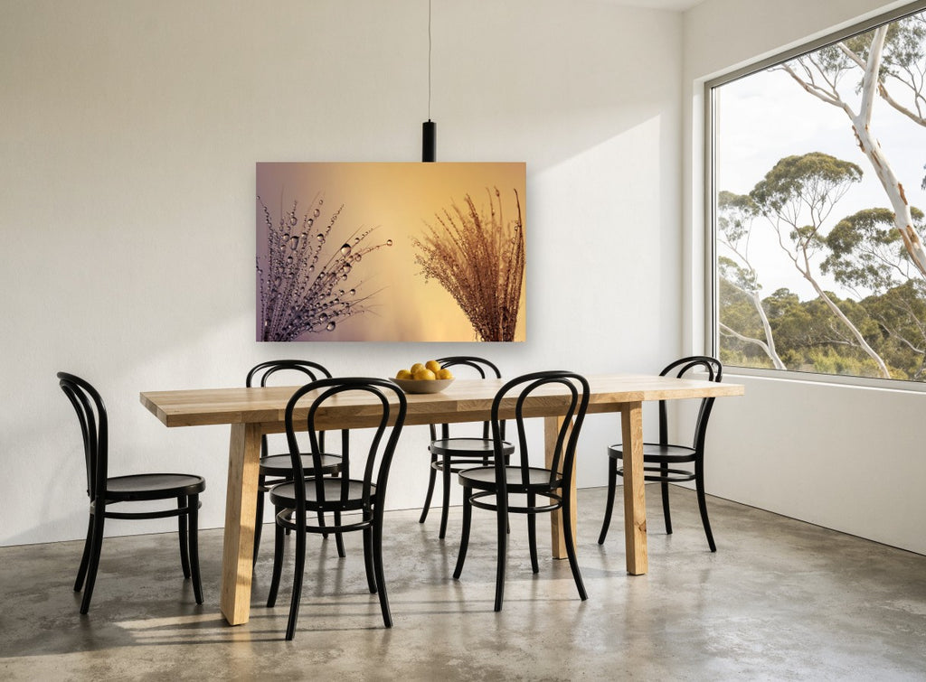 Dew Drop Sunset floral canvas print on the wall of a dining room