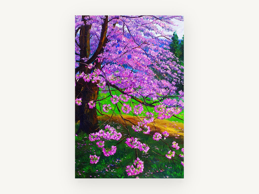 Pink Blossom Canopy, pink blossom tree painting, landscape canvas wall art print, front view