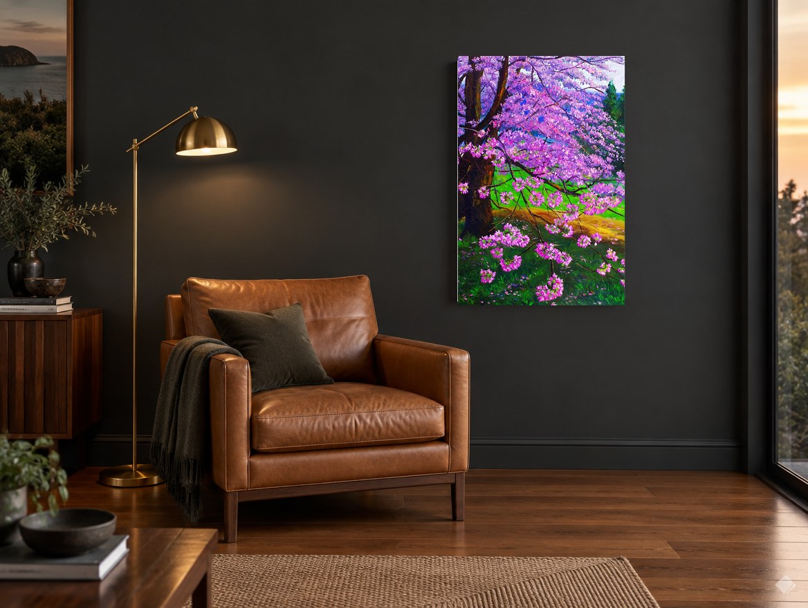 Pink Blossom Canopy landscape canvas print on the wall of a charcoal living room