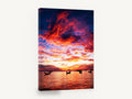 Ember Sky Anchorage, fiery sunset longtail boats photograph, coastal canvas wall art print ready to hang