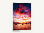 Ember Sky Anchorage, fiery sunset longtail boats photograph, coastal canvas wall art print ready to hang