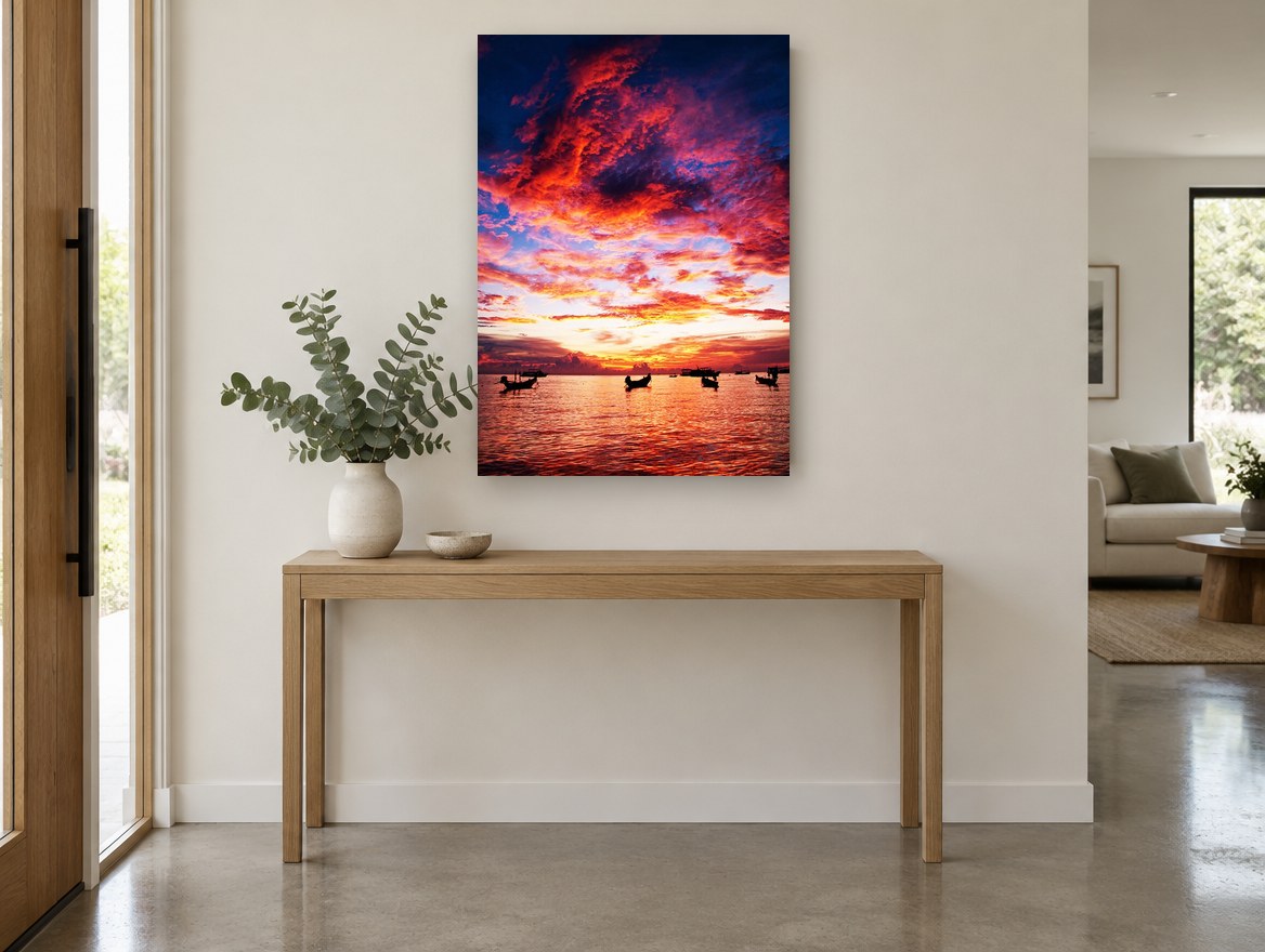 Ember Sky Anchorage coastal canvas print on the wall of a entry hall