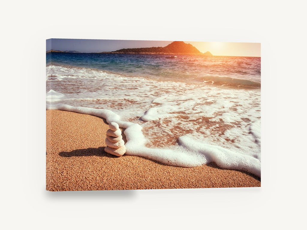 Stacked Stones at Sunset, sunset beach stacked stones photograph, coastal canvas wall art print ready to hang