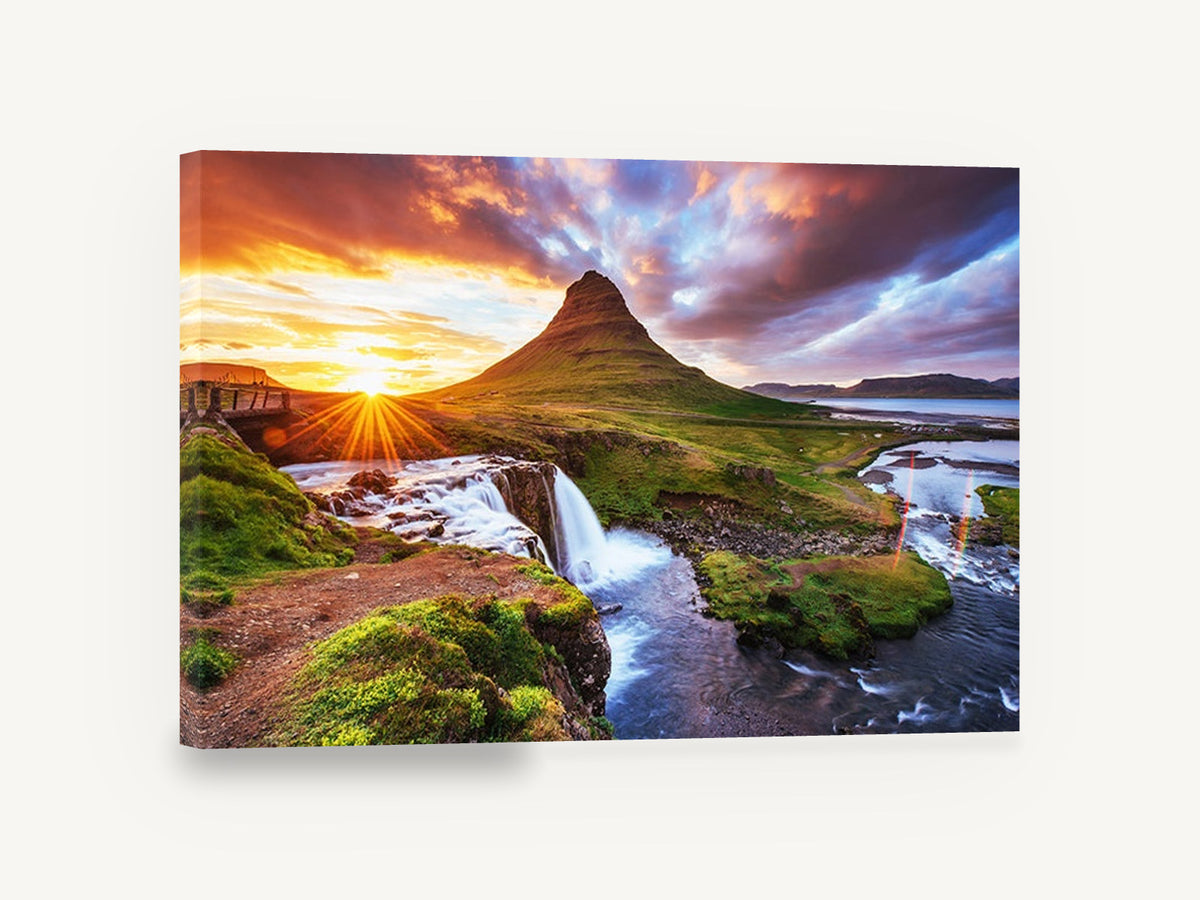 Sunburst Over Green Peak, sunset mountain waterfall landscape photograph, landscape canvas wall art print ready to hang