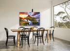 Sunburst Over Green Peak landscape canvas print on the wall of a dining room