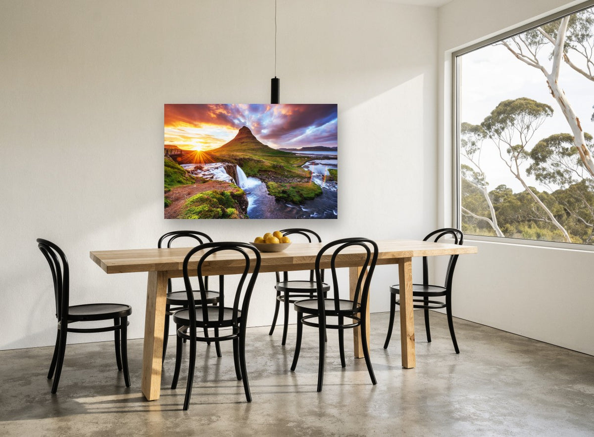 Sunburst Over Green Peak landscape canvas print on the wall of a dining room