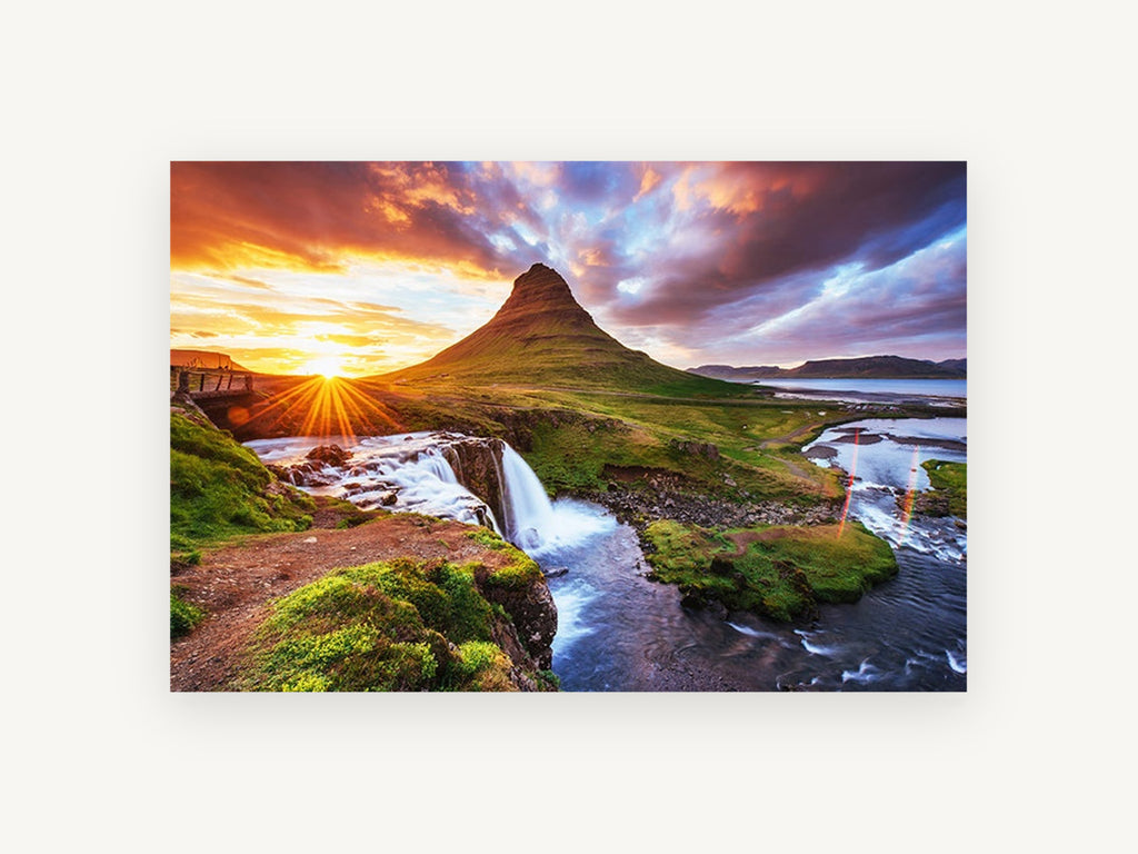 Sunburst Over Green Peak, sunset mountain waterfall landscape photograph, landscape canvas wall art print, front view