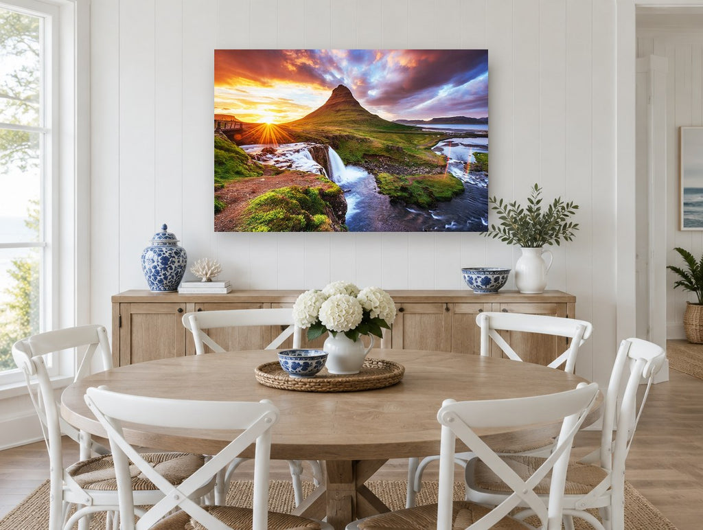 Sunburst Over Green Peak landscape canvas print on the wall of a Hamptons dining room