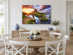 Sunburst Over Green Peak landscape canvas print on the wall of a Hamptons dining room